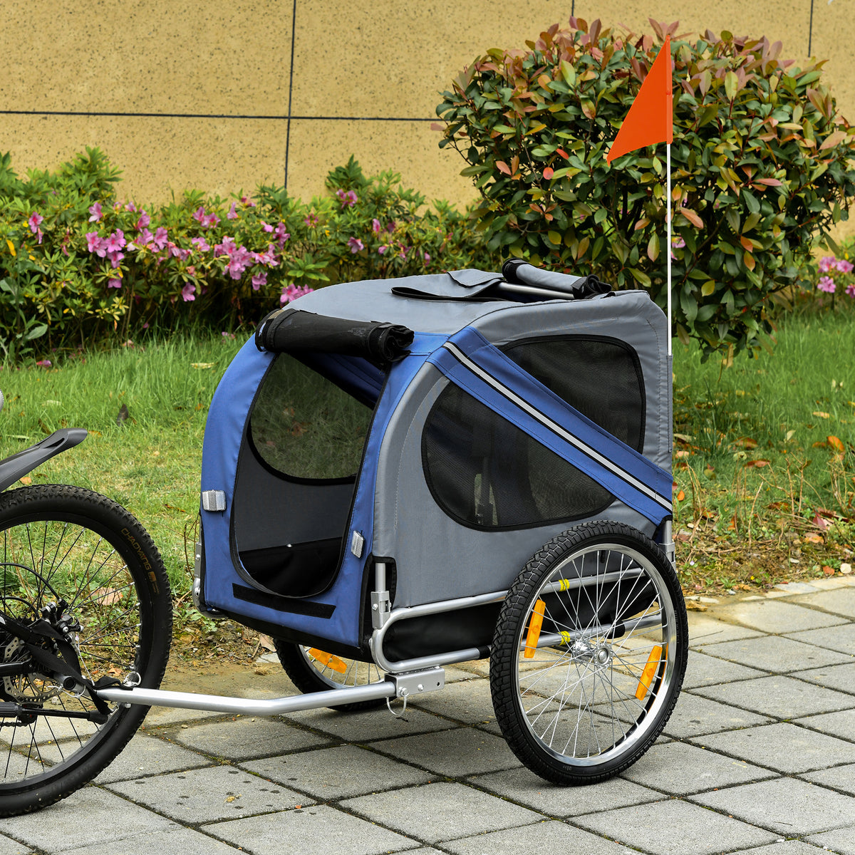2-in-1 pet trailer bicycle trailer up to 20kg foldable rain cover safety flag reflectors steel grey+blue 130 x (2)
