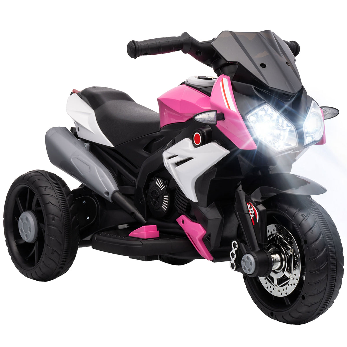 Electric children's motorcycle, lights & sounds, 3 km/h, rechargeable, plastic & metal, pink/white