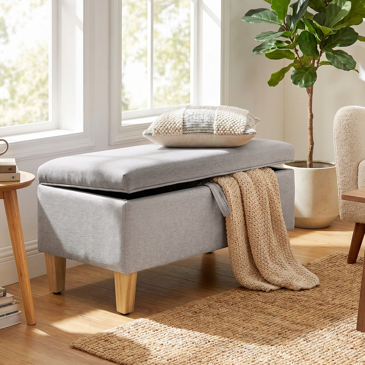 Linen-look storage bench, upholstered footstool with rubberwood legs, storage chest, light gray (2)