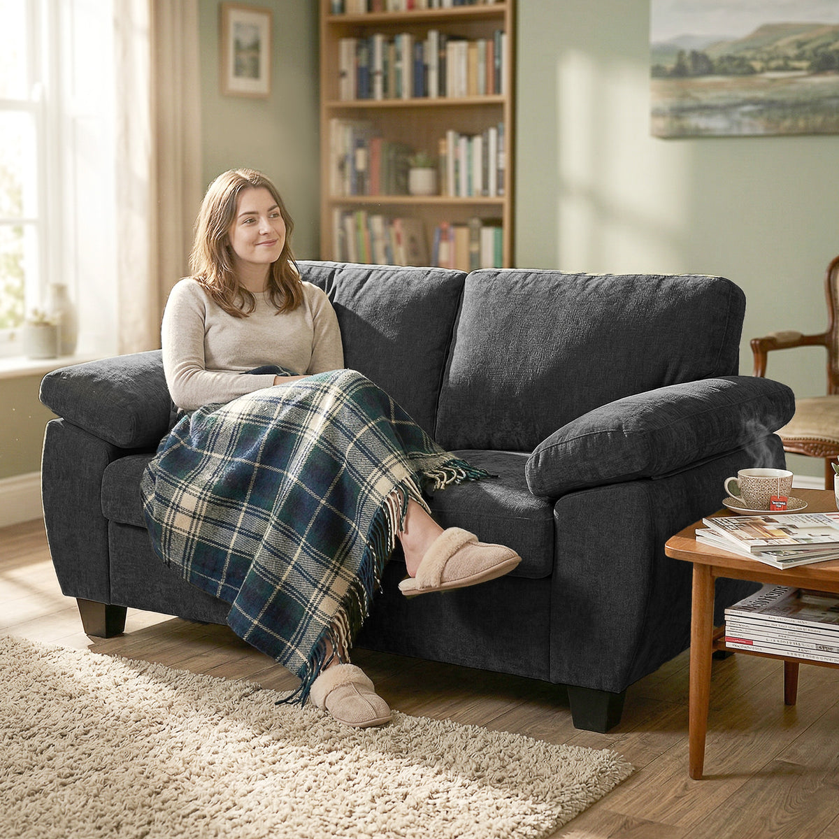 2-seater sofa, 156 cm chenille sofa with thick pocket spring cushions, wide padded armrests, 300 kg load (2)
