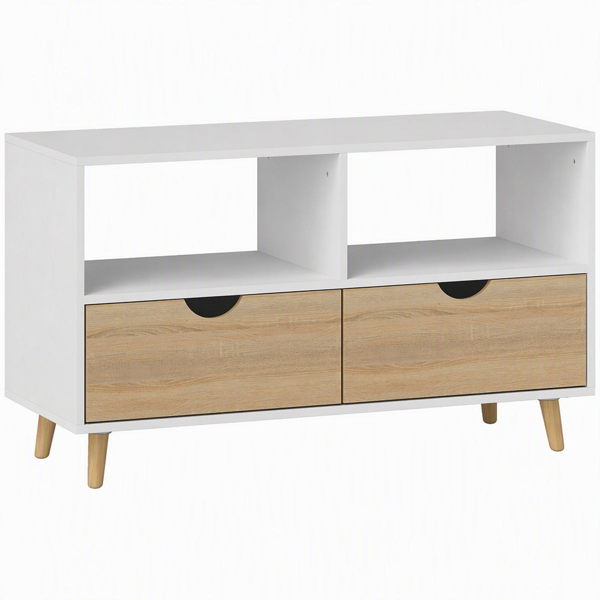 TV stand, TV media console with drawers, open shelves, wood, 99 x 39 x 58 cm, white