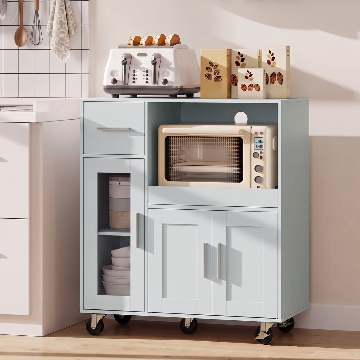 Kitchen cabinet on wheels, mobile kitchen island with shelves, drawers, adjustable shelf, cable hole, gray (2)