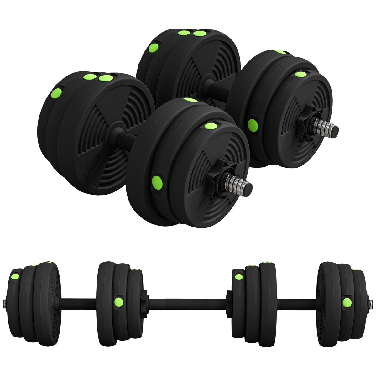 2-in-1 dumbbell set, barbell & dumbbell, 25 kg, non-slip, floor-friendly, black/green