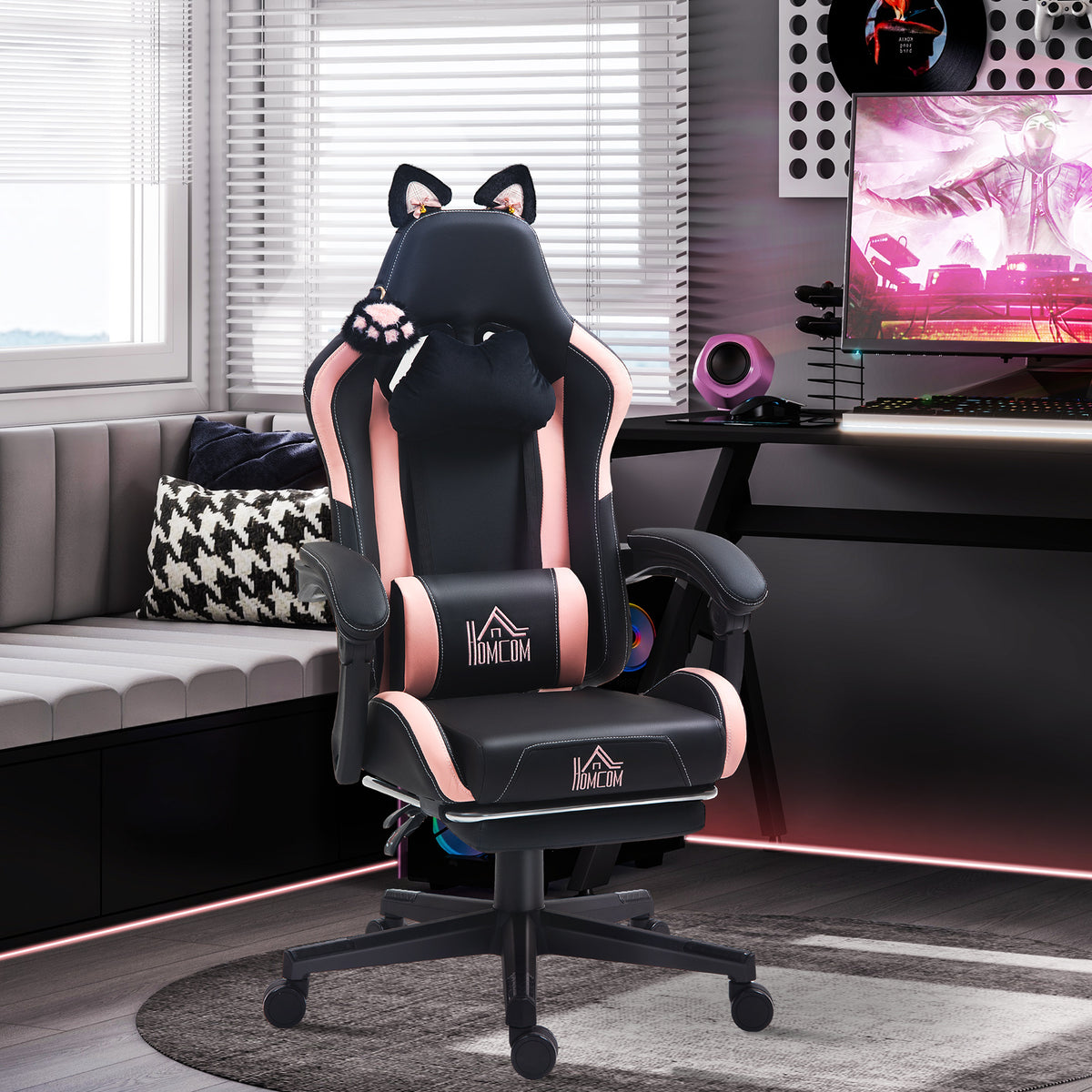 Gaming chair with cat ears, tiltable backrest, retractable footrest, up to 120 kg, pink/black (2)