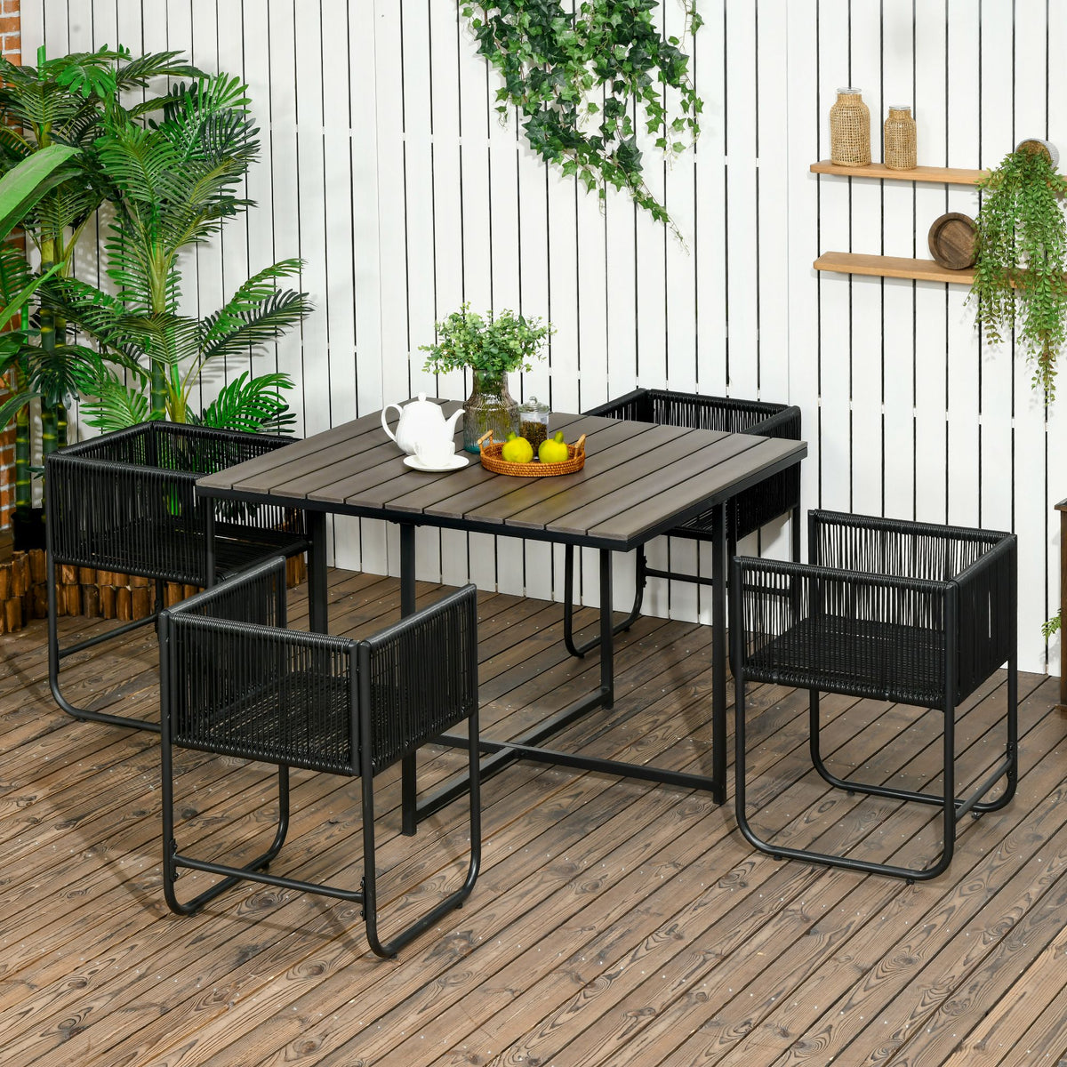 Outdoor dining set, garden furniture, 5-piece, polyrattan, seat cushions, weather-resistant, black/grey (2)