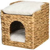 Cat cave made of water hyacinth grass, 2 lying areas, 2 washable cushions, natural + white (10)