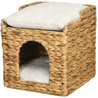 Cat cave made of water hyacinth grass, 2 lying areas, 2 washable cushions, natural + white (10)