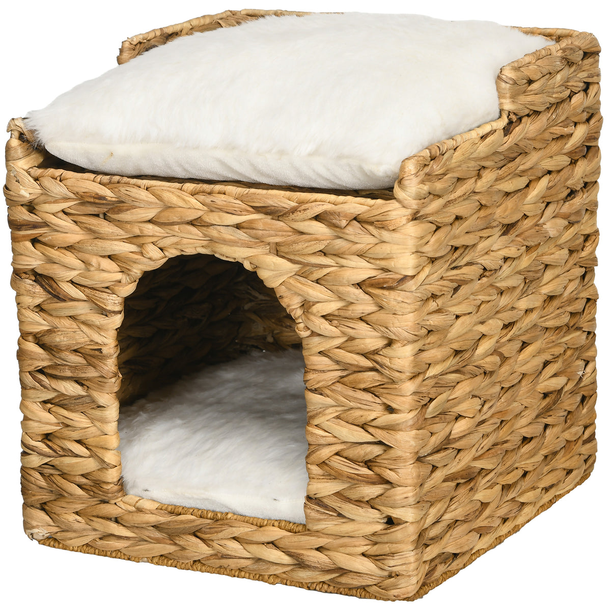 Cat cave made of water hyacinth grass, 2 lying areas, 2 washable cushions, natural + white (10)