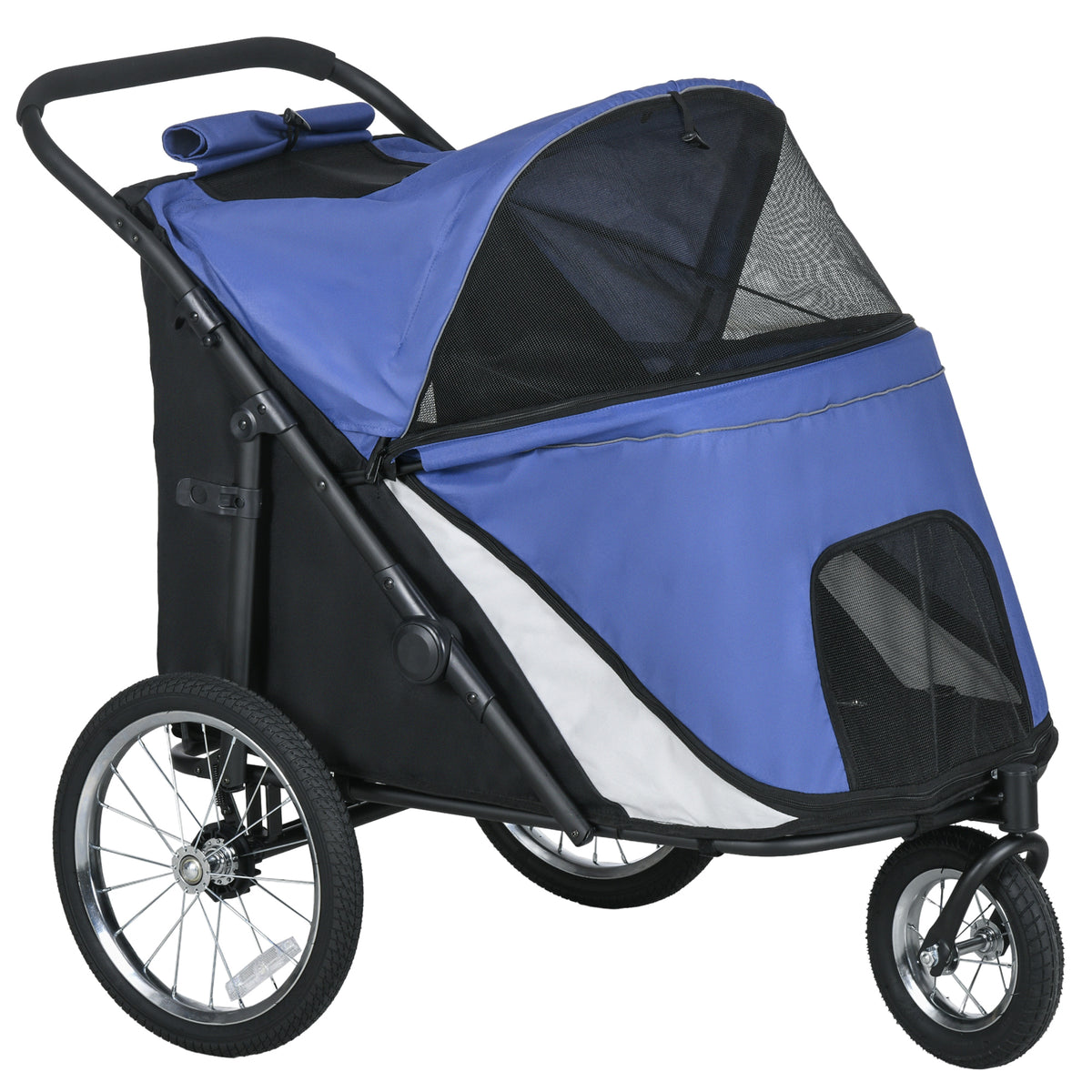 Dog stroller, foldable, collapsible, cushion included, steel frame, blue/black