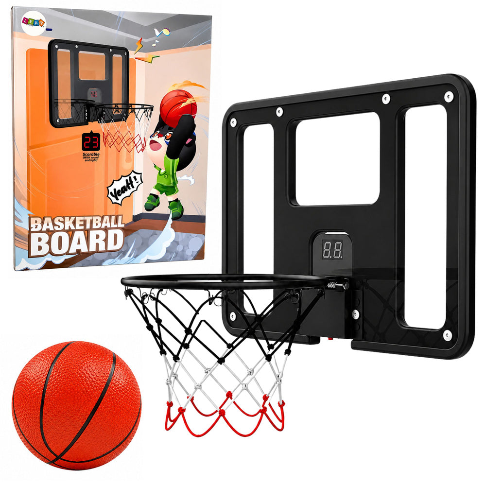 Hanging basketball hoop with backboard, scoreboard, lighting, and sound effects