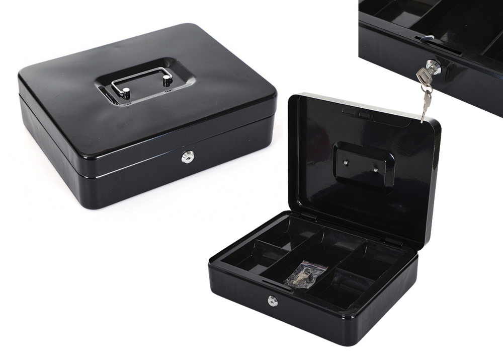 Metal cash box with compartments, 2 keys, black