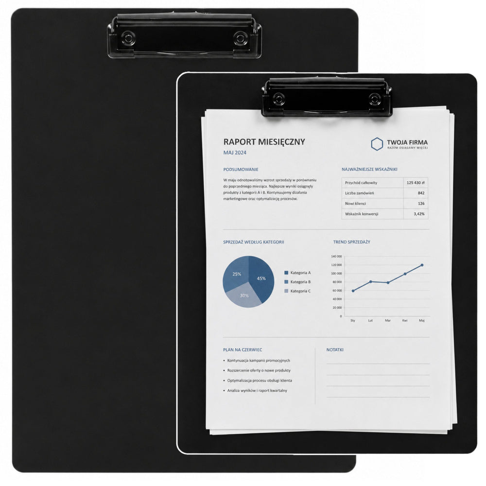 Clipboard for writing on a board with a clip for A4 office documents, black