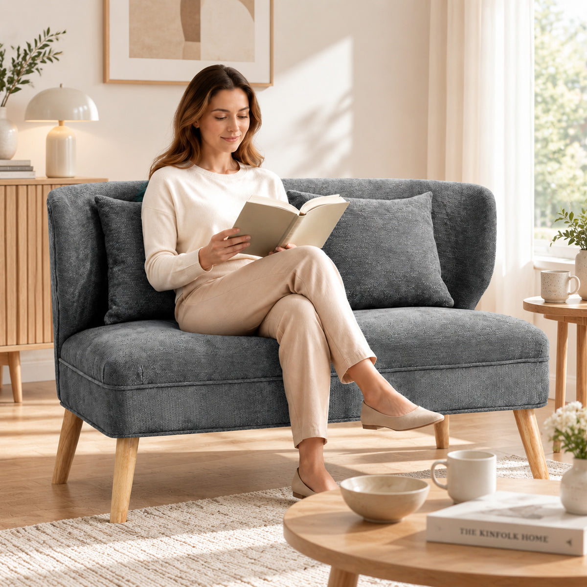 2-seater sofa, small chenille sofa with wingback, thick seat, rubberwood legs, grey (2)