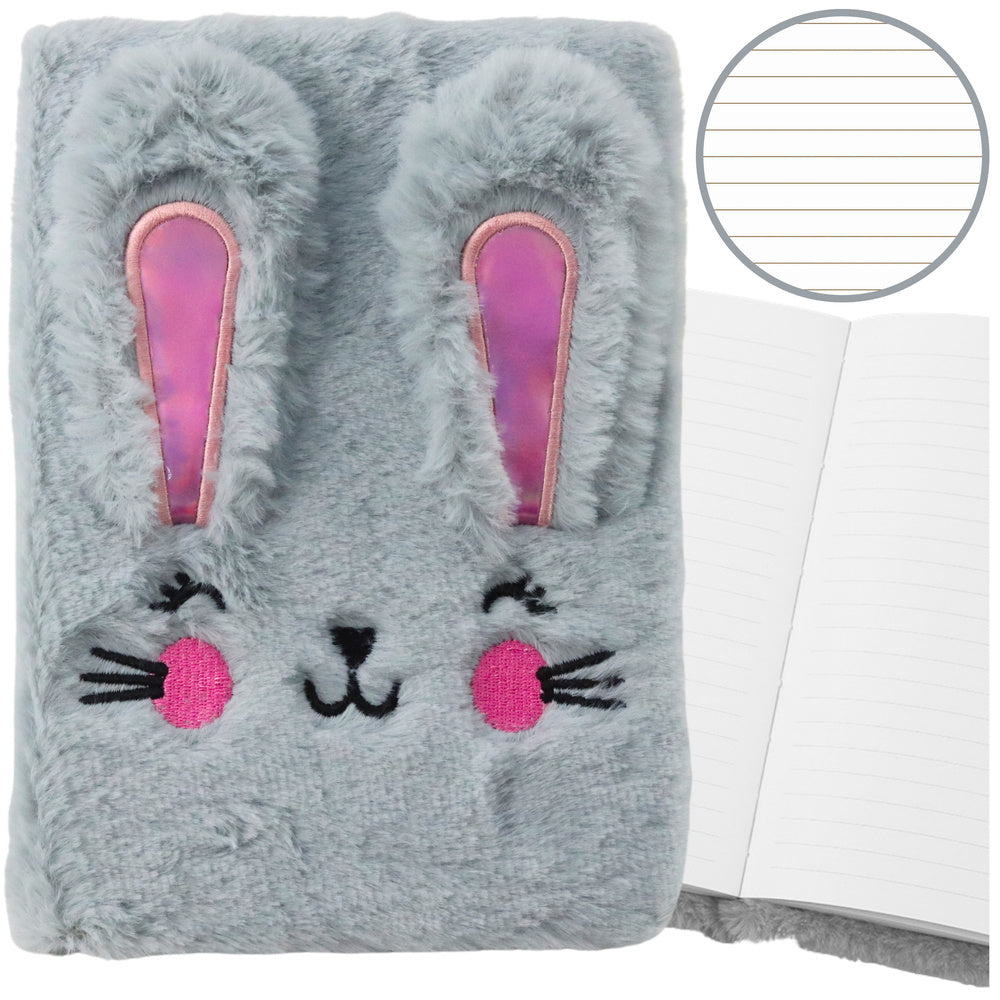Plush fur notebook, lined notebook with bunny, colorful, A5