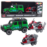 Off-road vehicle set with tow truck and motorcycle, lights and sounds, green