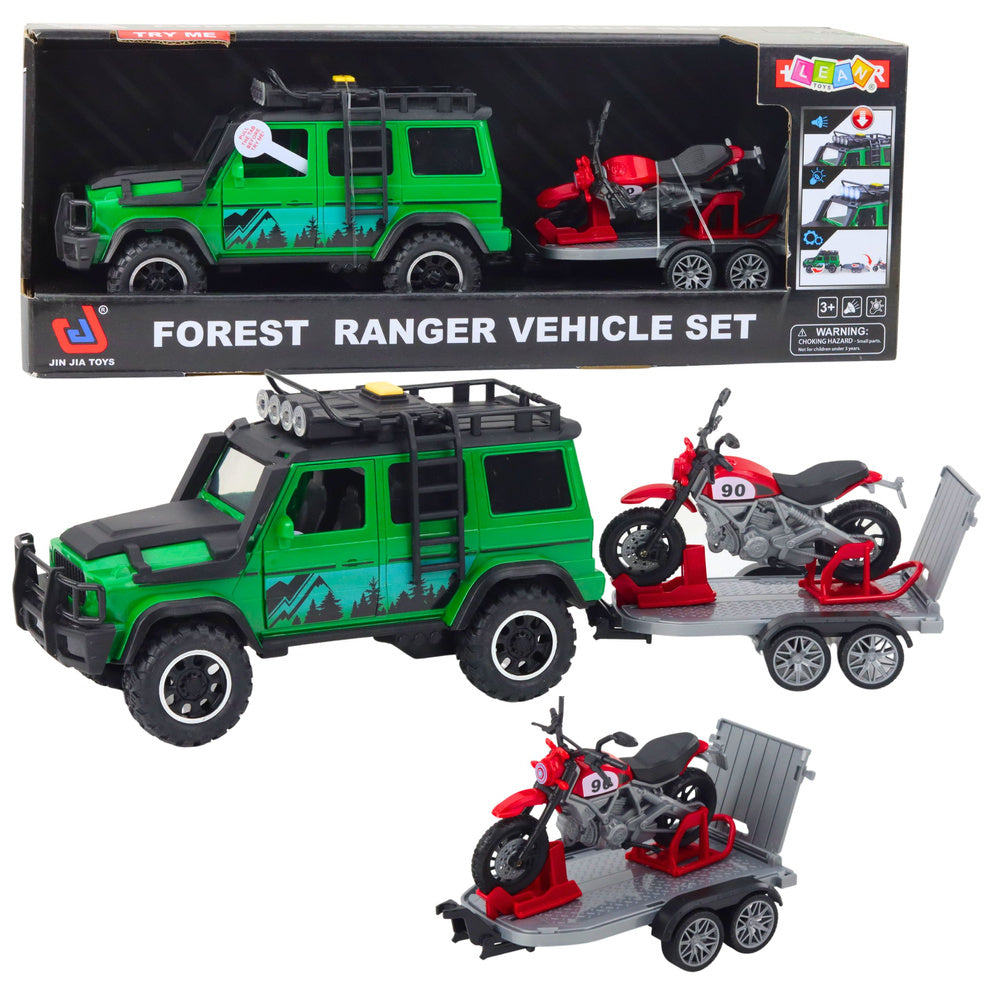 Off-road vehicle set with tow truck and motorcycle, lights and sounds, green