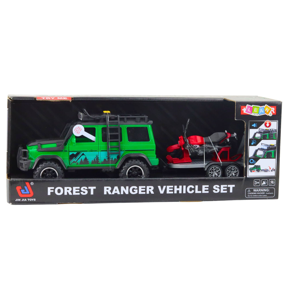 Off-road vehicle set with tow truck and motorcycle, lights and sounds, green (5)