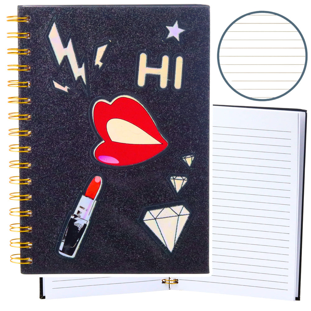 Notebook lined exercise book patches lips lipstick glitter black A5 80 sheets