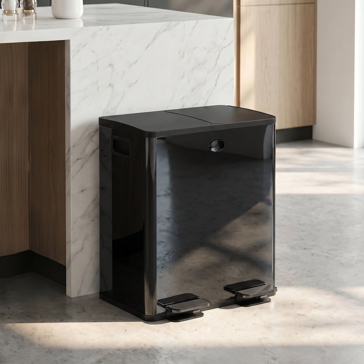 2 x 20 L double trash can, pedal opening, easy to clean, stainless steel, plastic, black (2)
