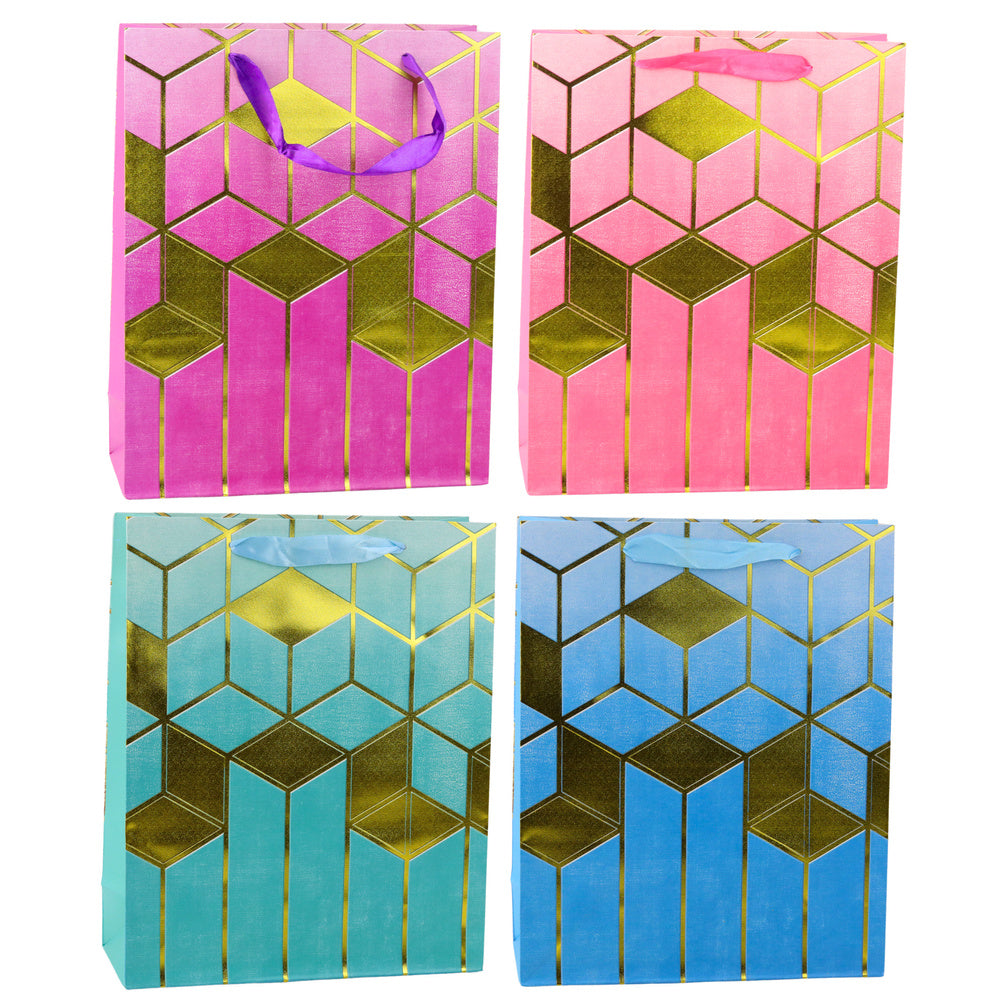 Paper gift bag with geometric patterns, gold-colored, 32 x 26 x 12 cm