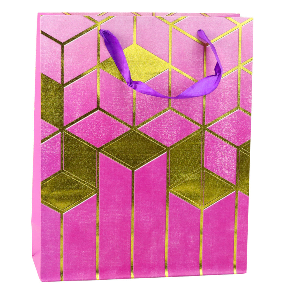 Paper gift bag with geometric patterns, gold-colored, 32 x 26 x 12 cm (2)
