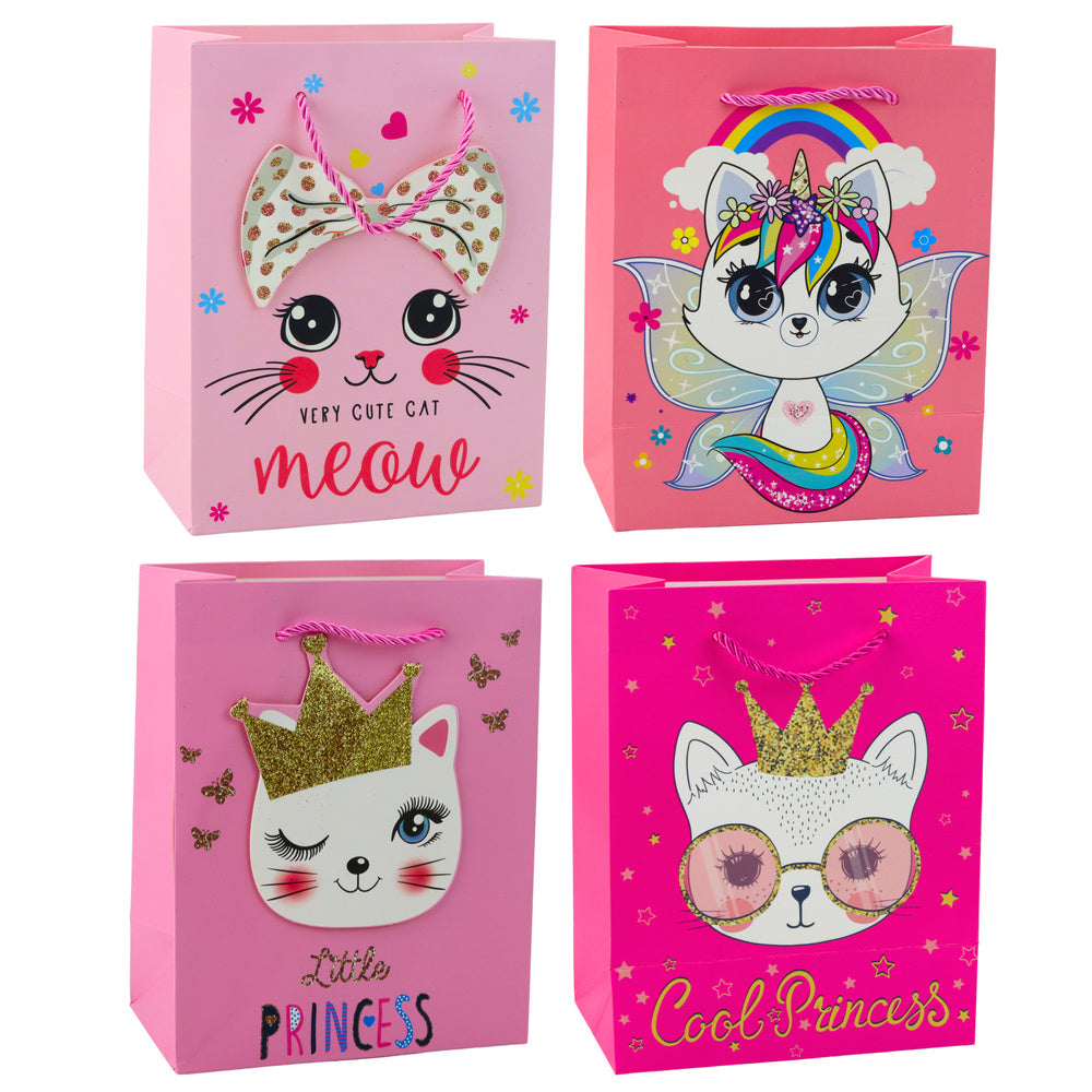 Paper gift bag with cats, glittery, pink, 23 x 18 x 10.5 cm