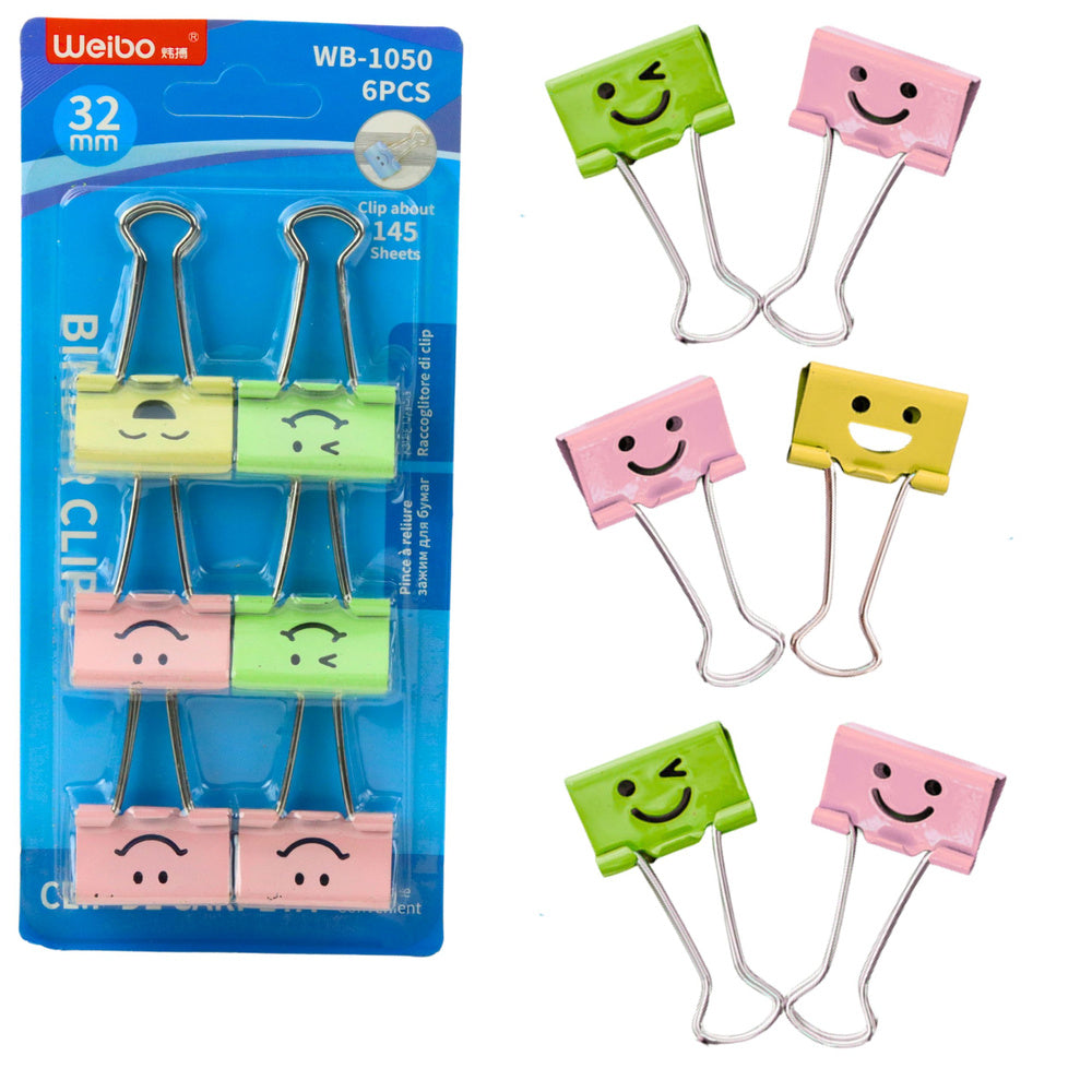 Set of colorful smiley paper clips, 6 pieces, 32 mm