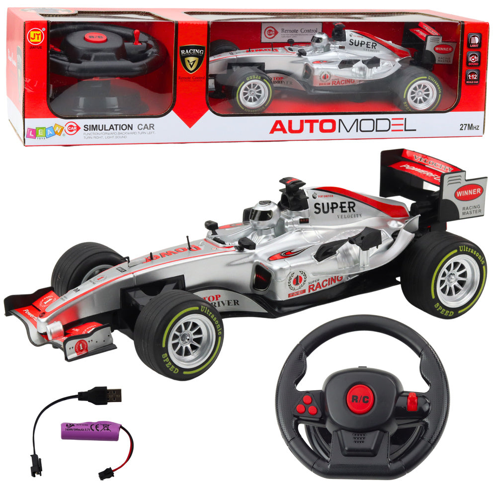 Remote-controlled RC racer steering wheel lights sounds 1:12 silver