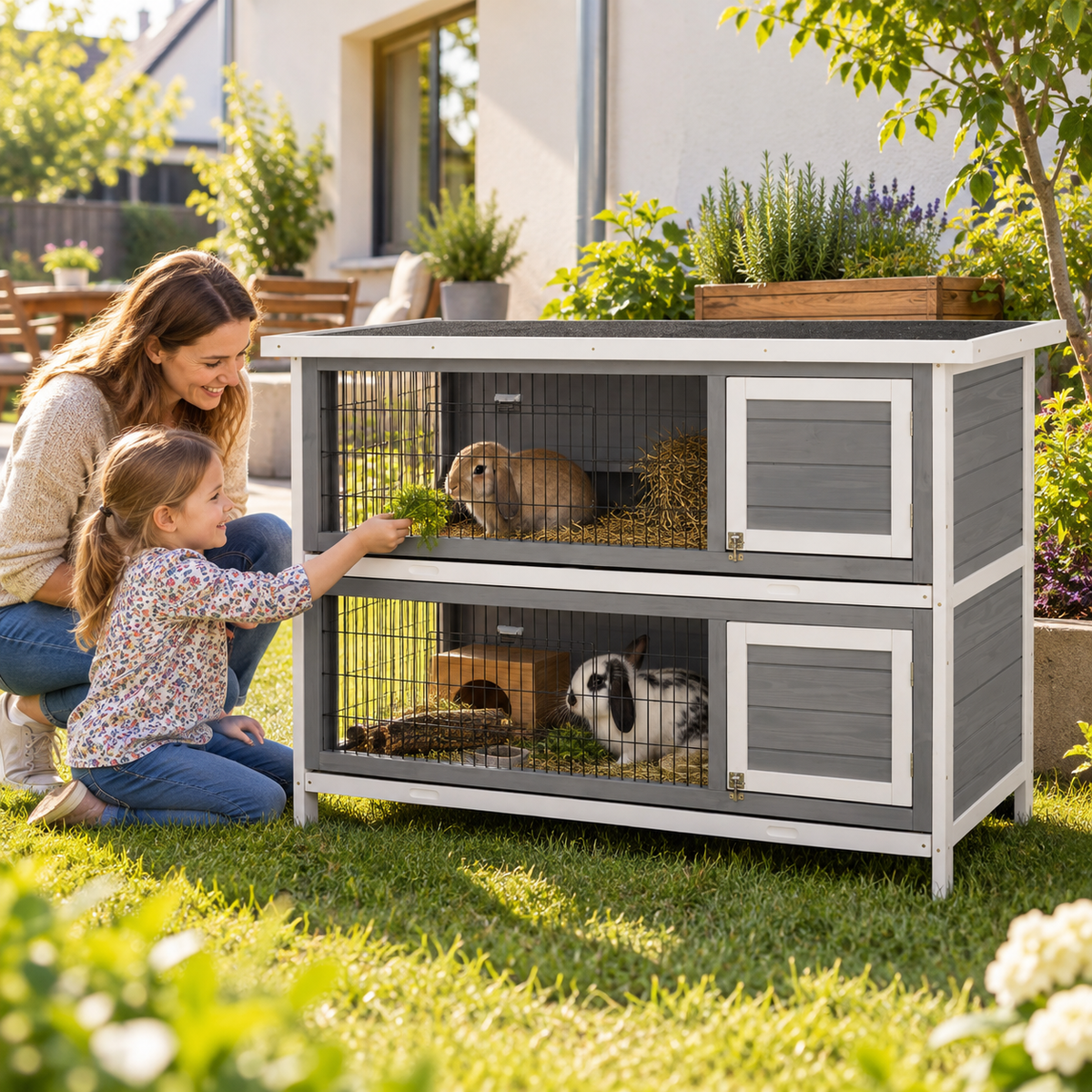 Small animal hutch for guinea pigs and dwarf rabbits, two-story, wood, grey (2)