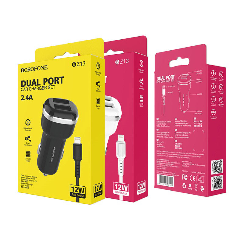 Borofone - Car charger 2x USB, Lightning cable included, black – packaging