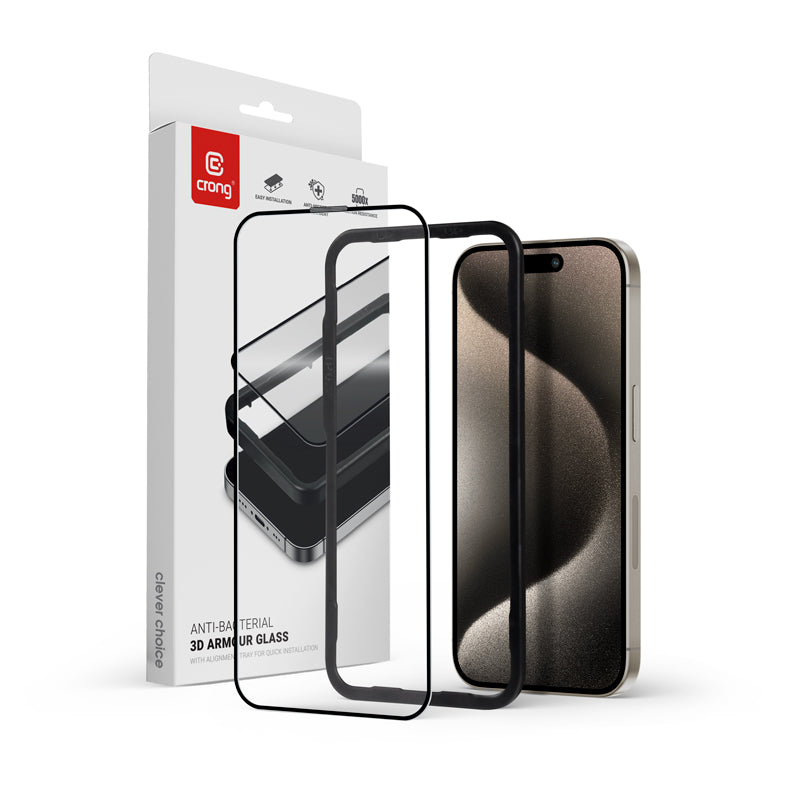 Crong Anti-Bacterial 3D Armor Glass - 9H tempered glass for iPhone 15 Pro full screen + installation frame