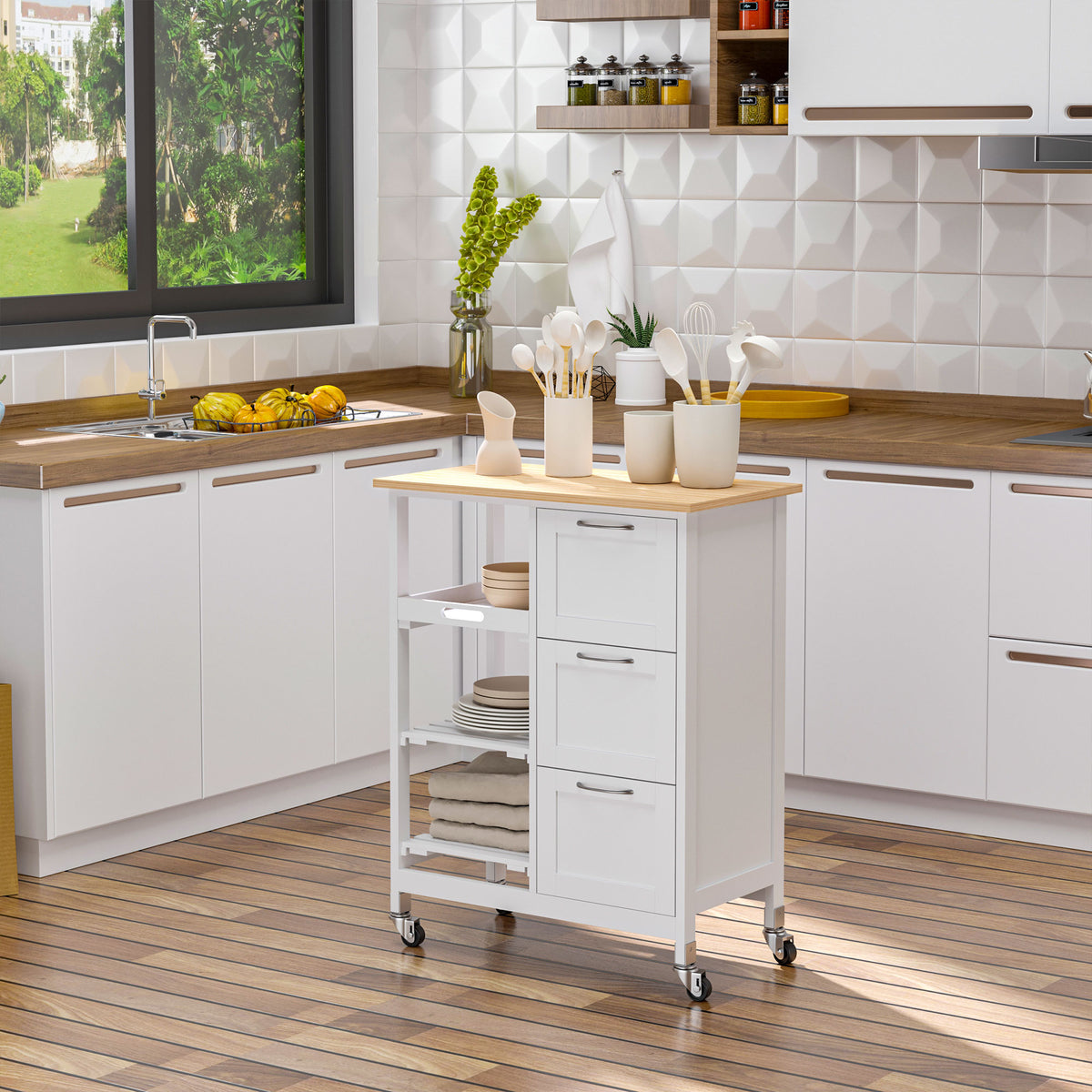 Farmhouse Style Kitchen Cart Kitchen Island Kitchen Trolley with 3 Drawers, White (2)