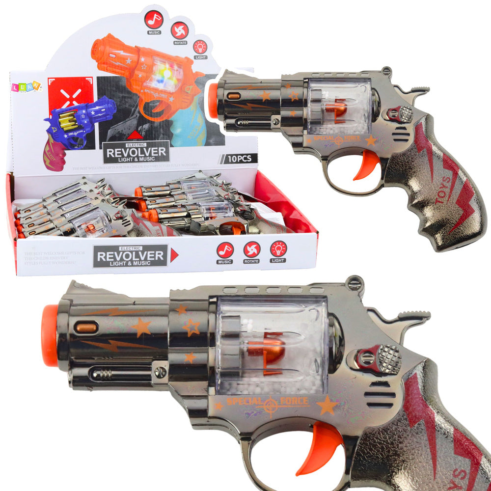 Toy gun, revolver, magazine with balls, lights and sounds