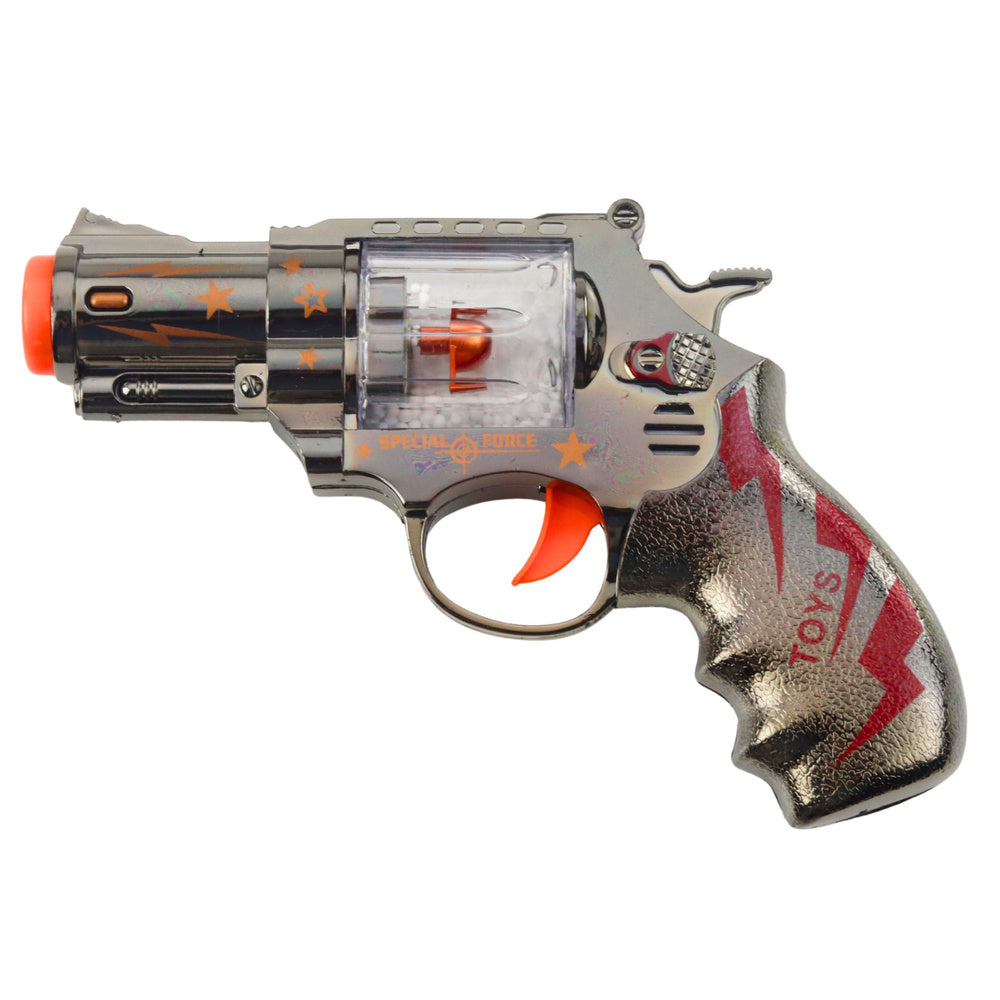 Toy gun, revolver, magazine with balls, lights and sounds
