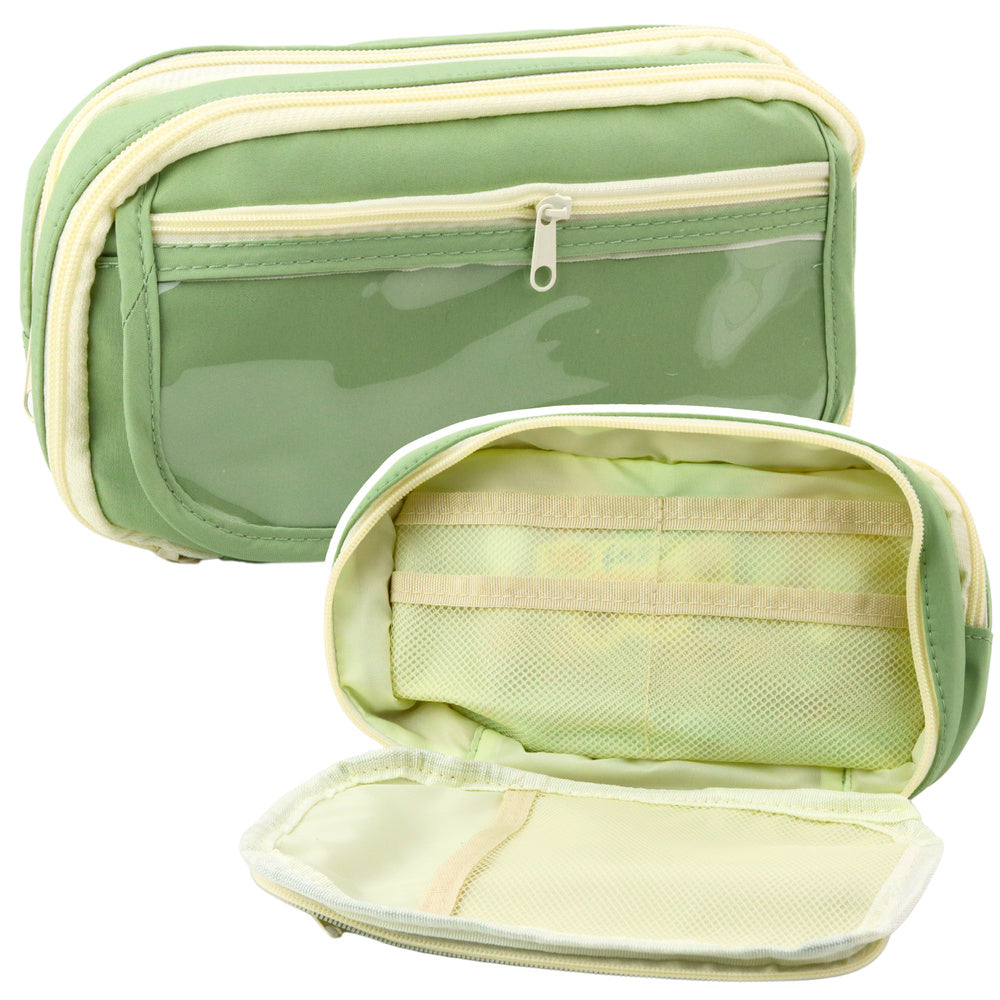 Pencil case for school, two compartments, with spacious pockets, green, 22 cm