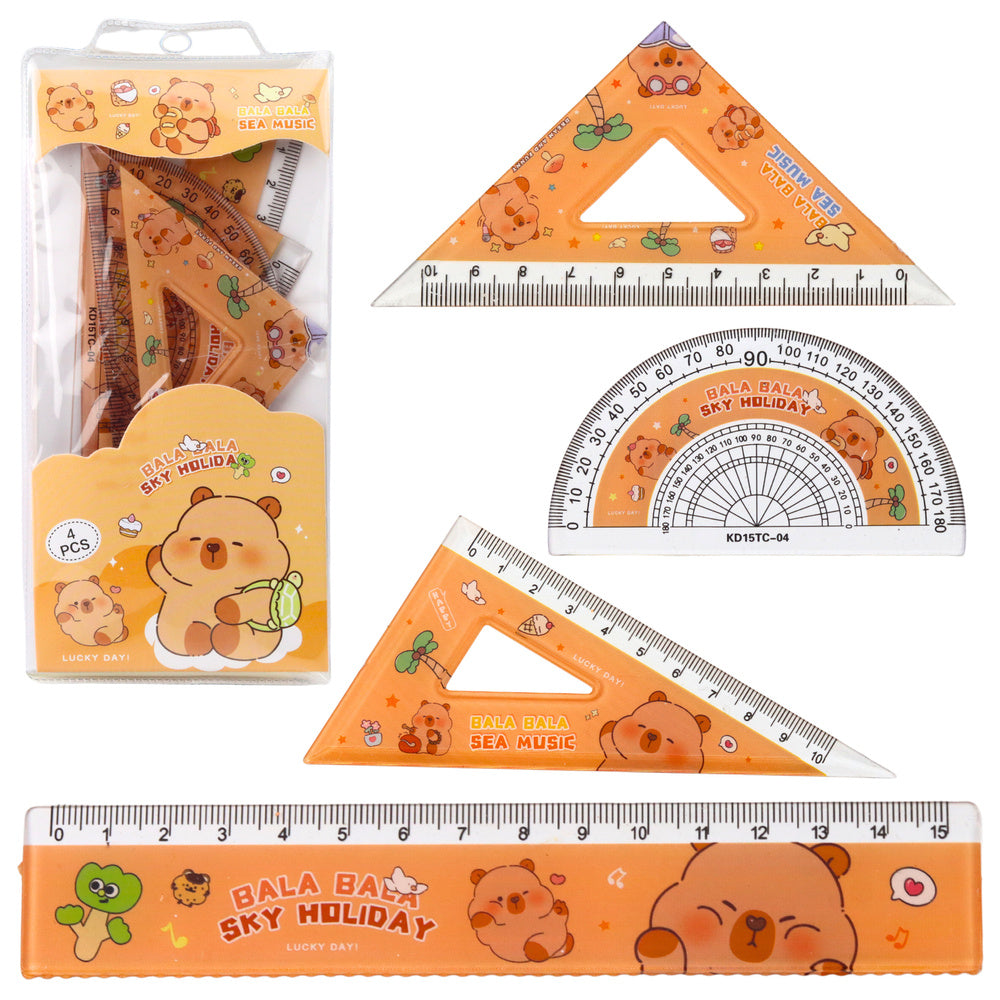 Geometry tool set, capybara ruler, protractor, set squares, 4 pieces