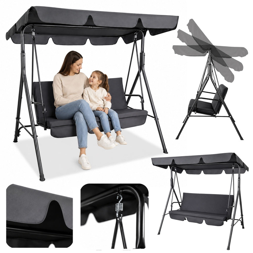 Freestanding three-seater garden swing with mattress, grey