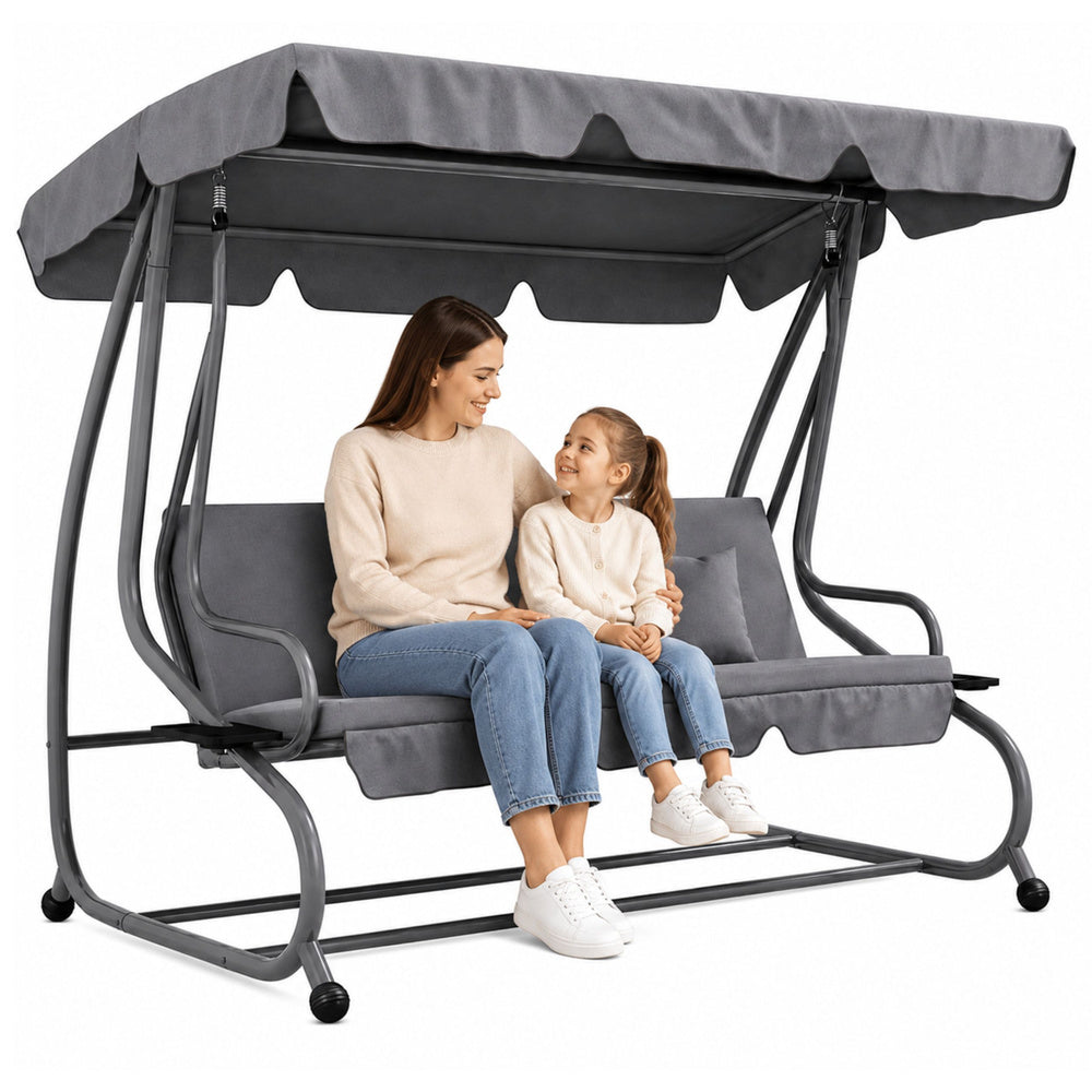 Four-person garden swing rocking chair freestanding canopy gray (2)