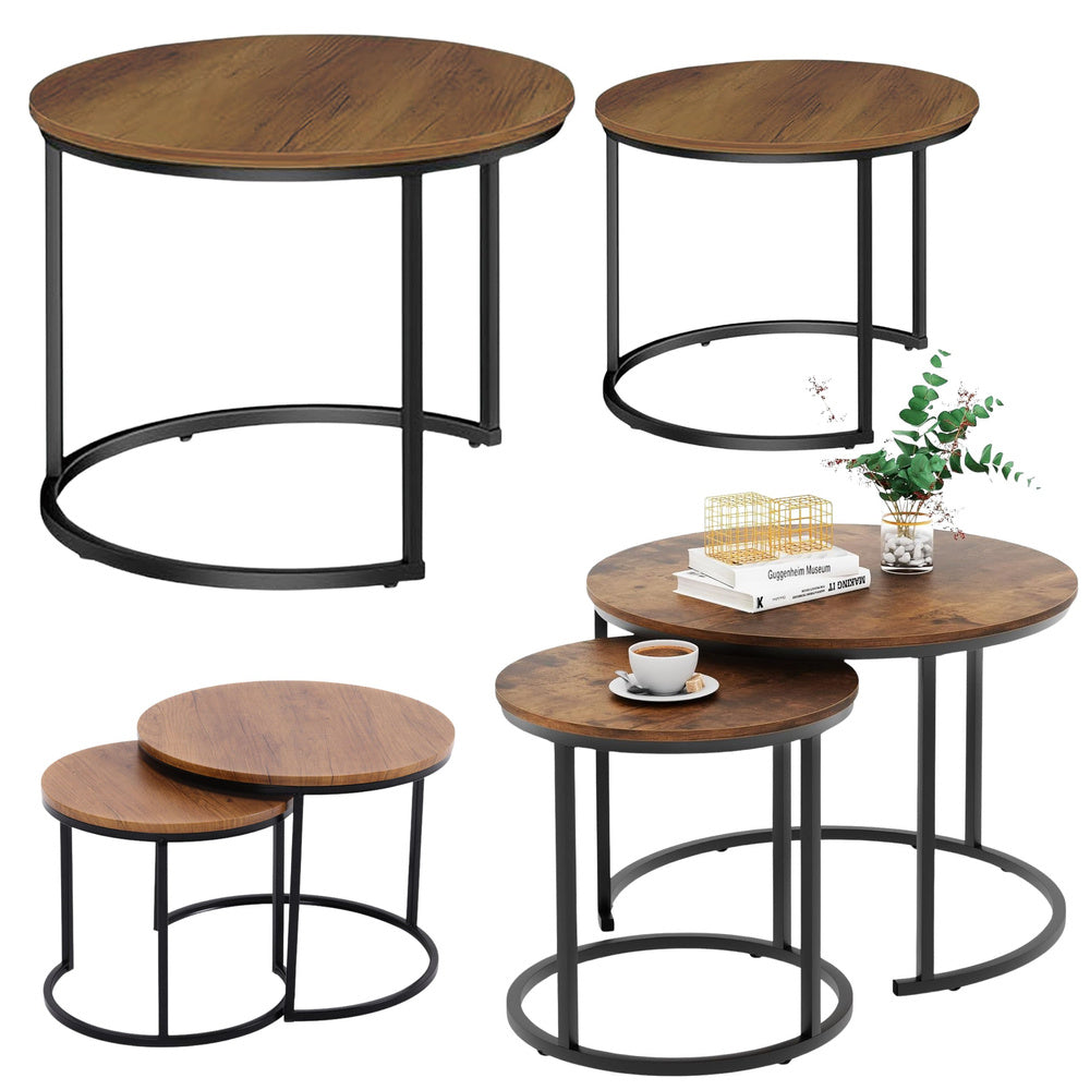2-piece set of round coffee tables, vintage natural wood, 60x45cm 40x40cm