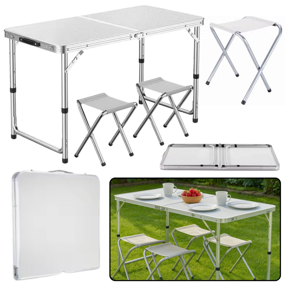 Foldable camping table set with 4 chairs, grey