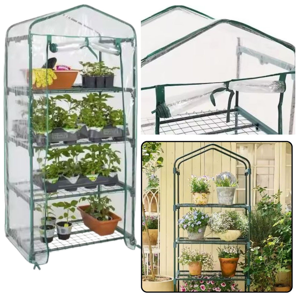 Mini greenhouse for balcony and garden, 4 metal shelves, PVC cover, 69 x 49 x 157 cm