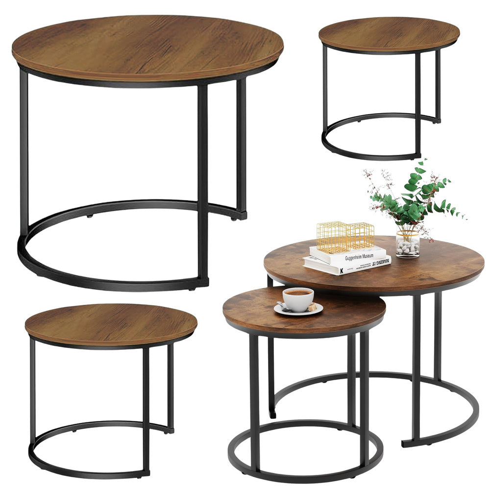 3-piece round coffee table set, vintage, natural wood, 51 cm, 40 cm, 30 cm