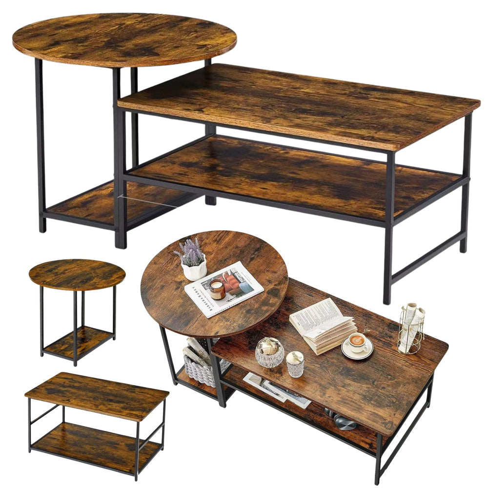 2-in-1 Vintage Rustic Wooden Coffee Table Set 123x60x51cm