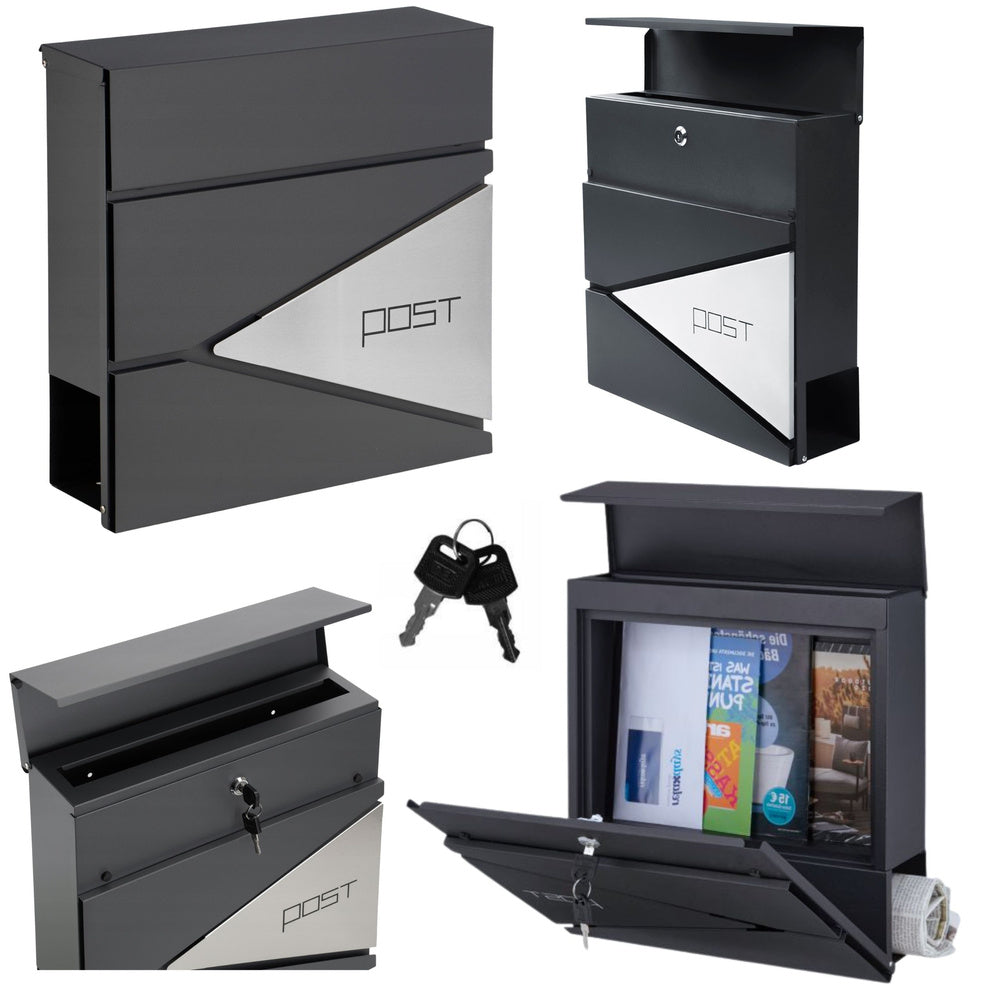 Large mailbox for letters and newspapers, anthracite, inscription POST, 37x37x10.5 cm