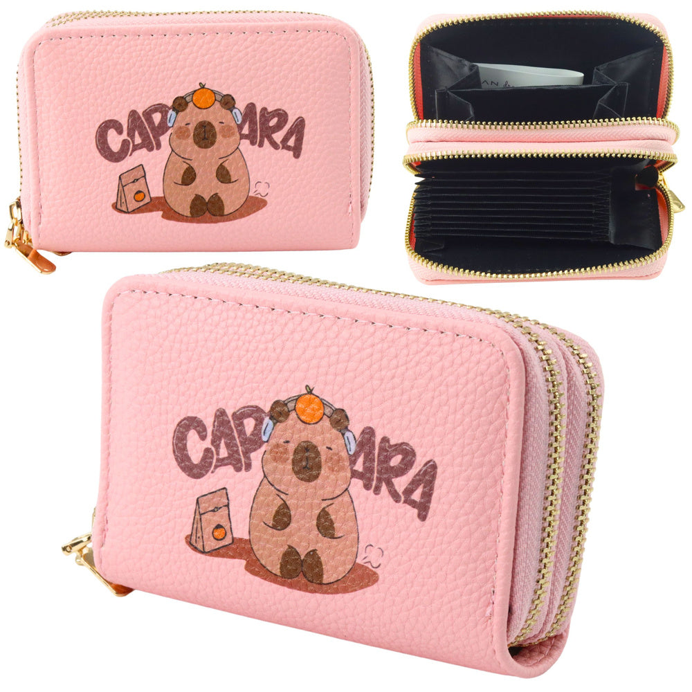 Wallet with two compartments and card slots, Capybara Pink, 12.5 x 8.5 cm