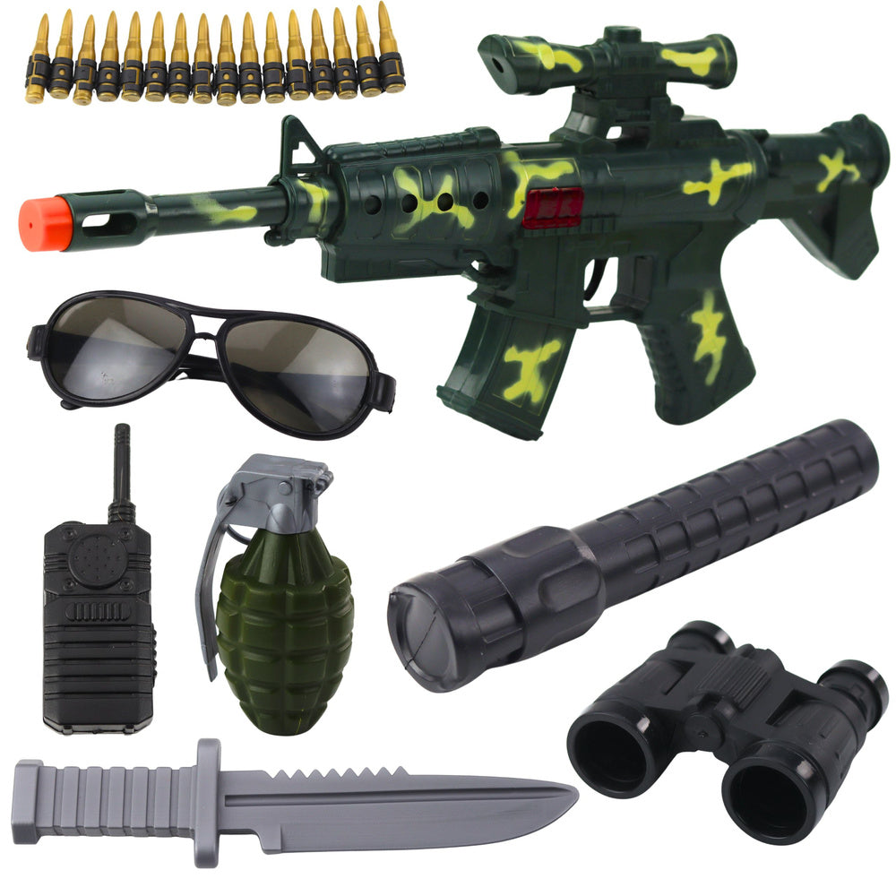 Military rifle set with rifle accessories, shooting sound, khaki