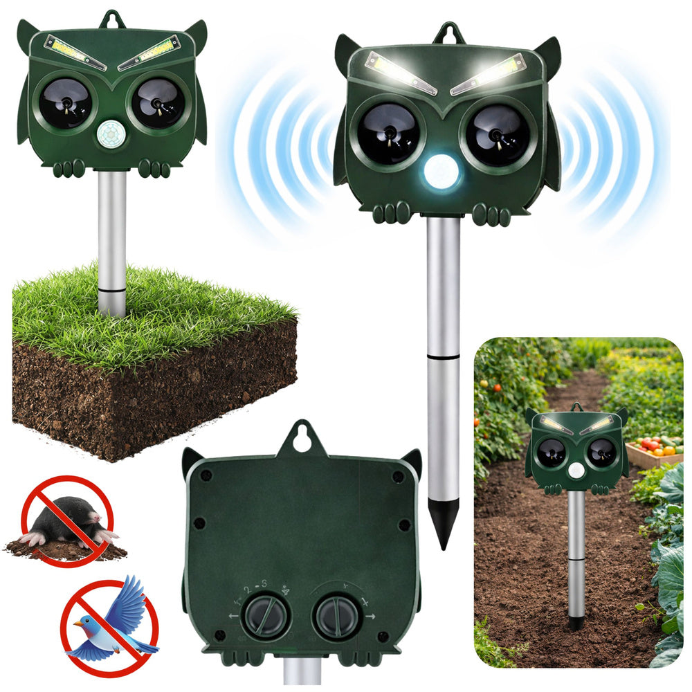 Solar-powered owl animal repeller with motion sensor, ultrasonic LEDs