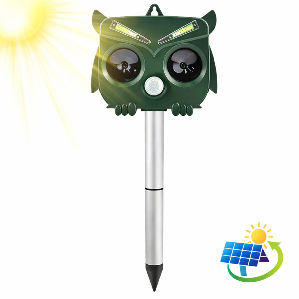 Solar-powered owl animal repeller with motion sensor, ultrasonic LEDs