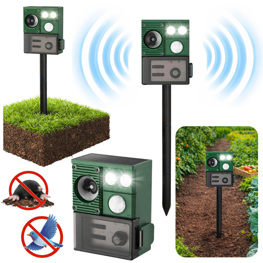 Solar-powered animal repeller with motion sensor, ultrasound, and LED diodes