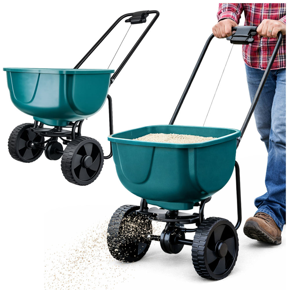Rotary seeder on wheels for sowing grass seed, salt, and sand, 27 l